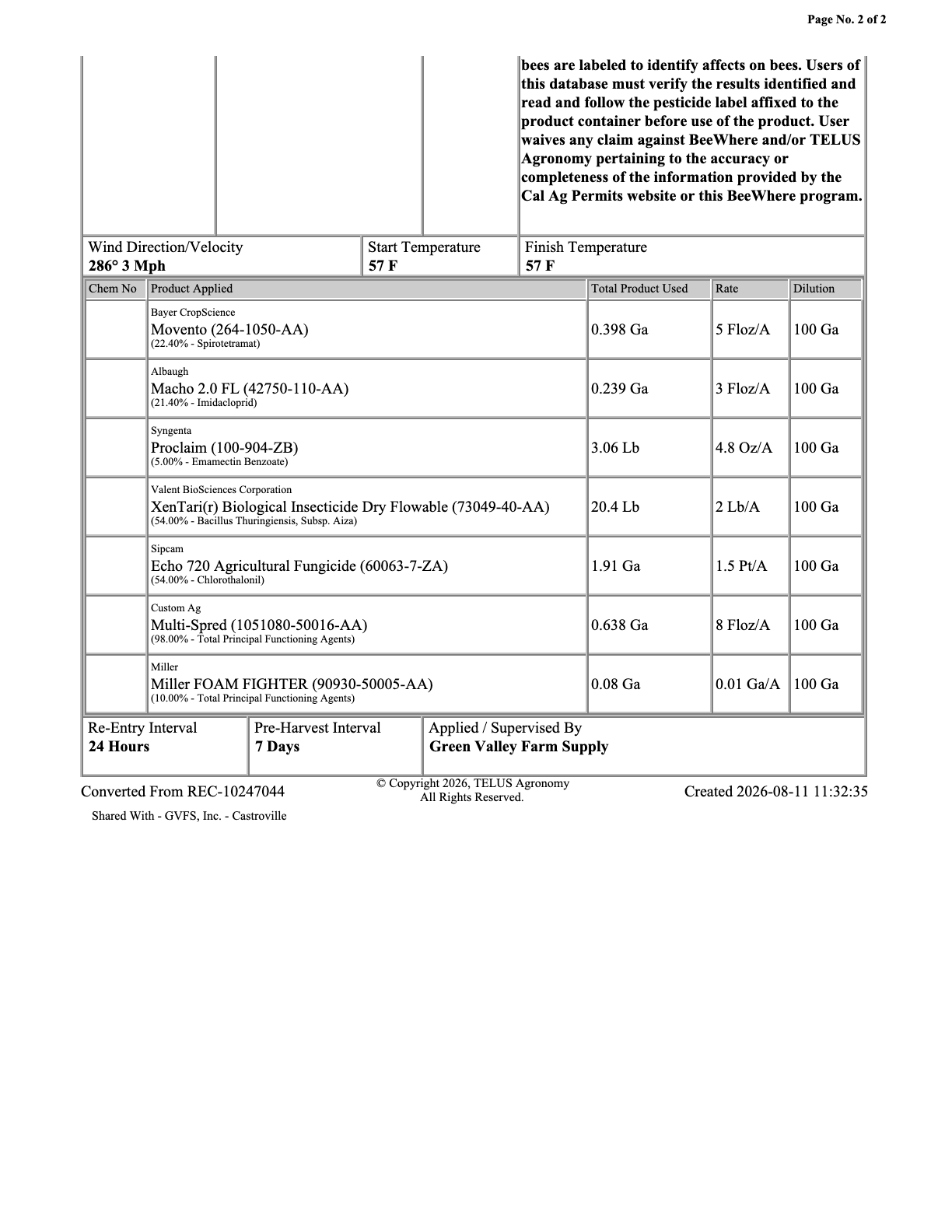 Page two of the use report, listing the products applied